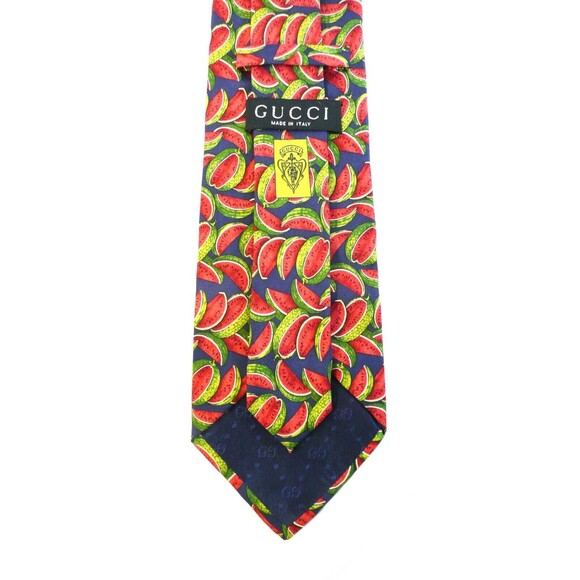 100% Silk GUCCI Navy Watermelon Tie Designer Made in Italy Summer Fruit Vintage - Picture 2 of 5